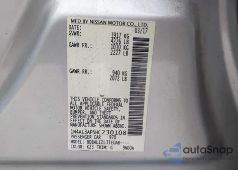 2017 Nissan Altima 2.5 Sv z USA, uszkodzony, nr VIN 1N4AL3AP5HC230108